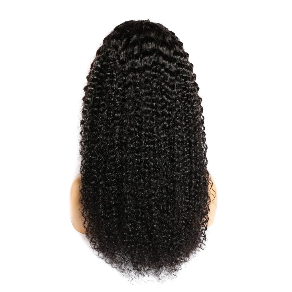 Curly human hair wig with lace front showing hand-woven construction and natural curl pattern