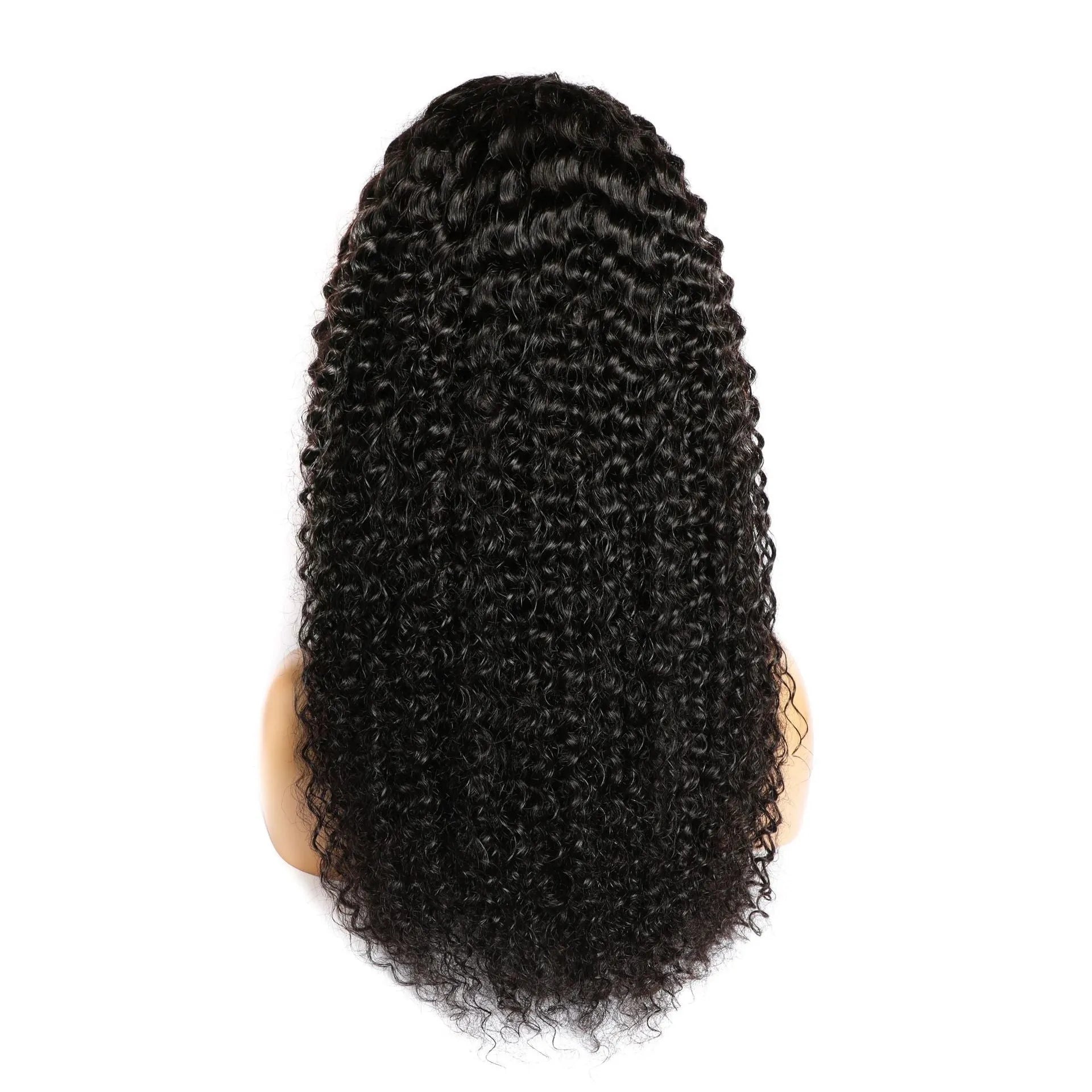 Curly human hair wig with lace front showing hand-woven construction and natural curl pattern