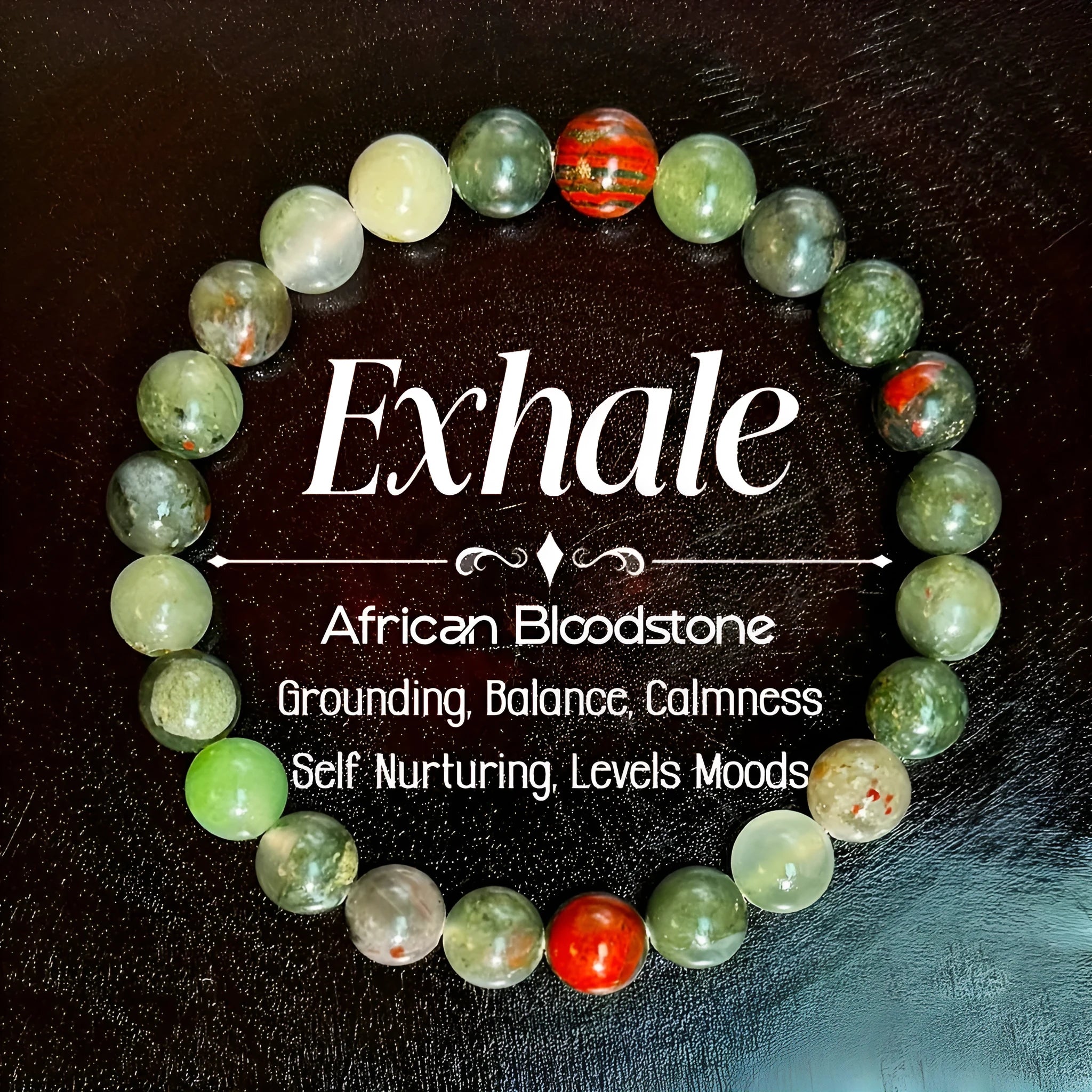 Handmade African Bloodstone beaded bracelet with 8mm transparent glass beads on neutral background
