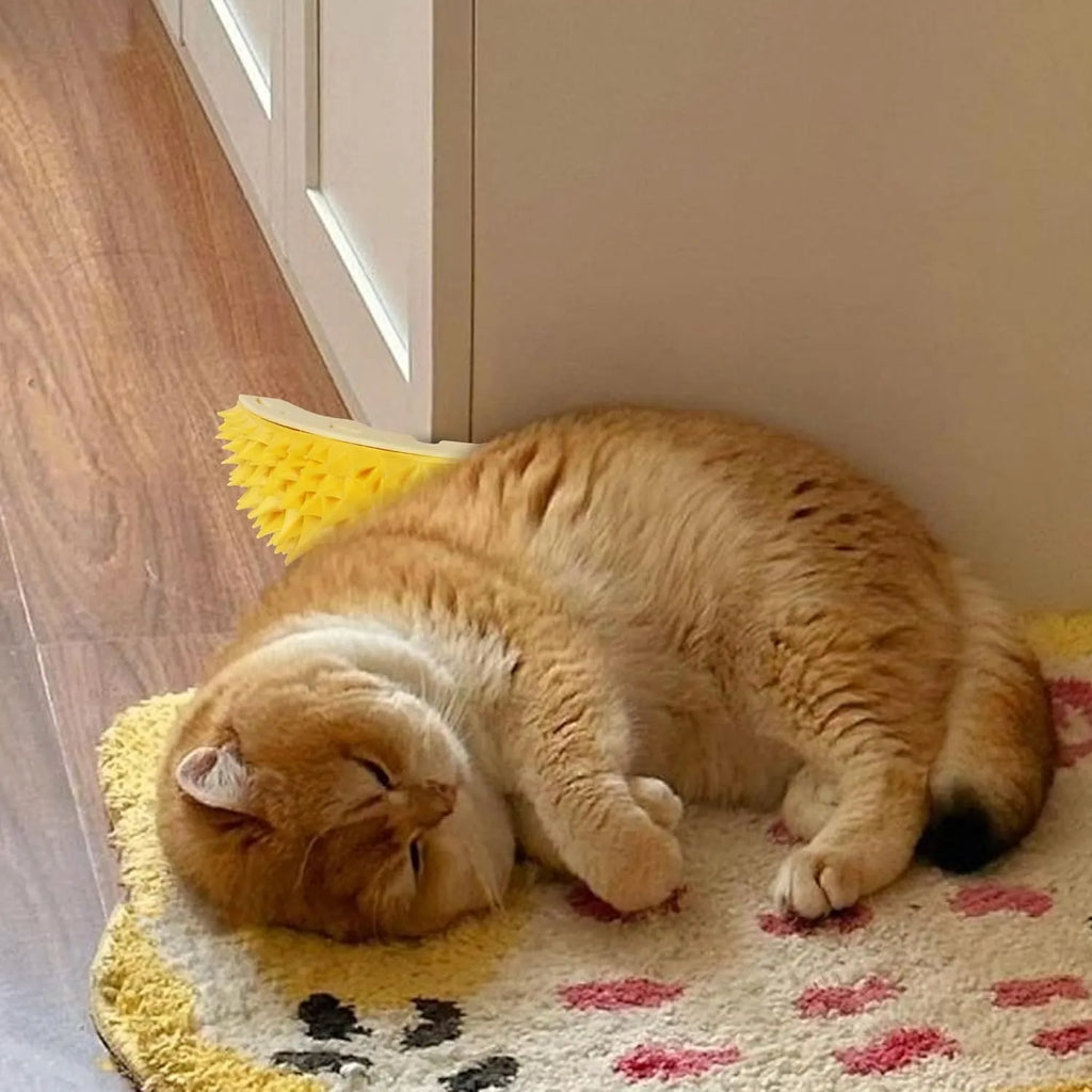 Yellow durian-shaped cat corner scratcher and grooming comb mounted on a wall corner.