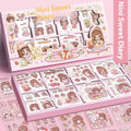 Children's sticker notebook box showing five colourful themes: Cute Meatballs, Peach Tea Party, Star Team, Nini Diary