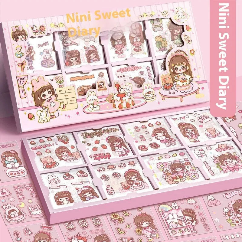 Children's sticker notebook box showing five colourful themes: Cute Meatballs, Peach Tea Party, Star Team, Nini Diary