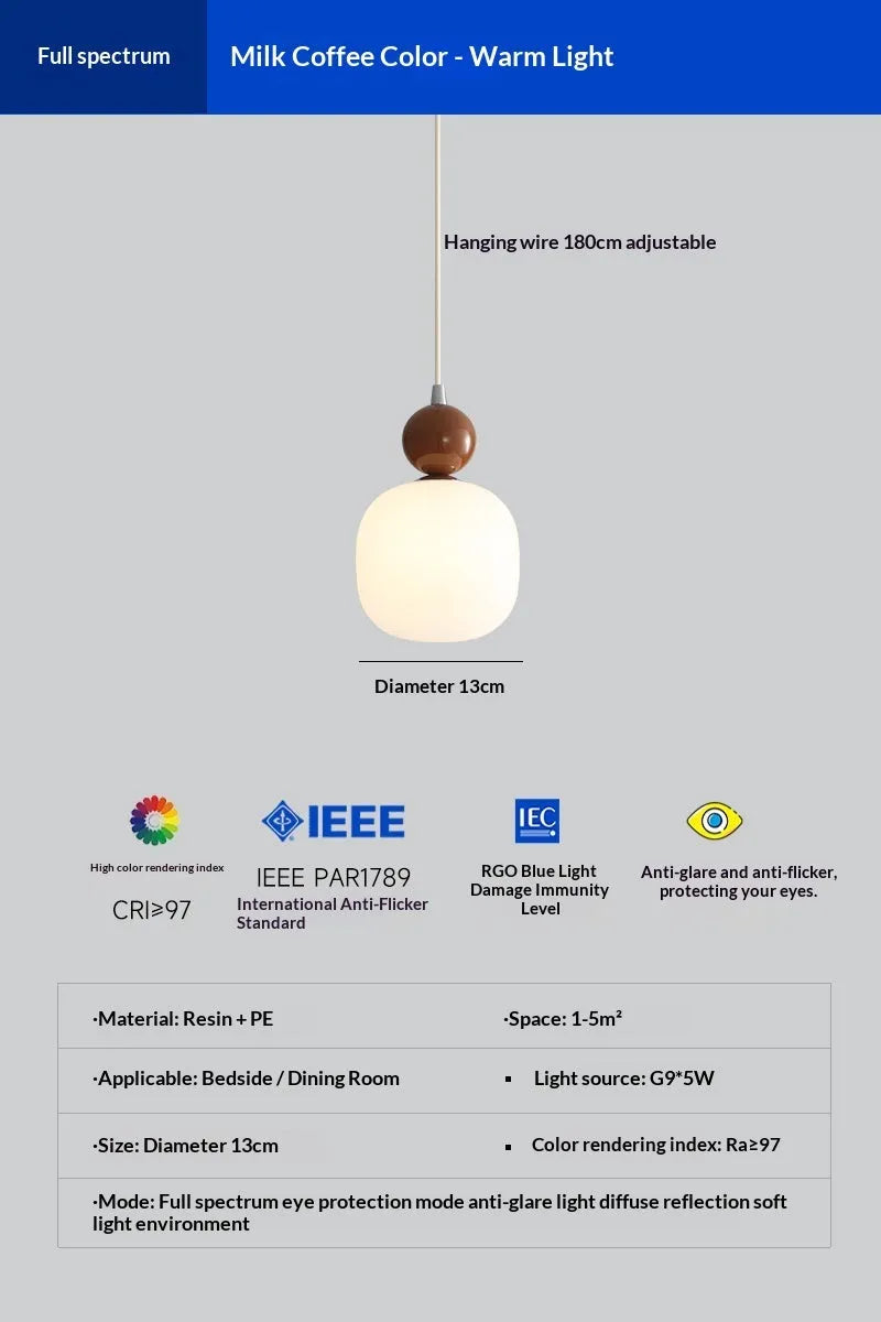 Cream-coloured minimalist wrought iron LED pendant lamp for bedside or study with warm light option