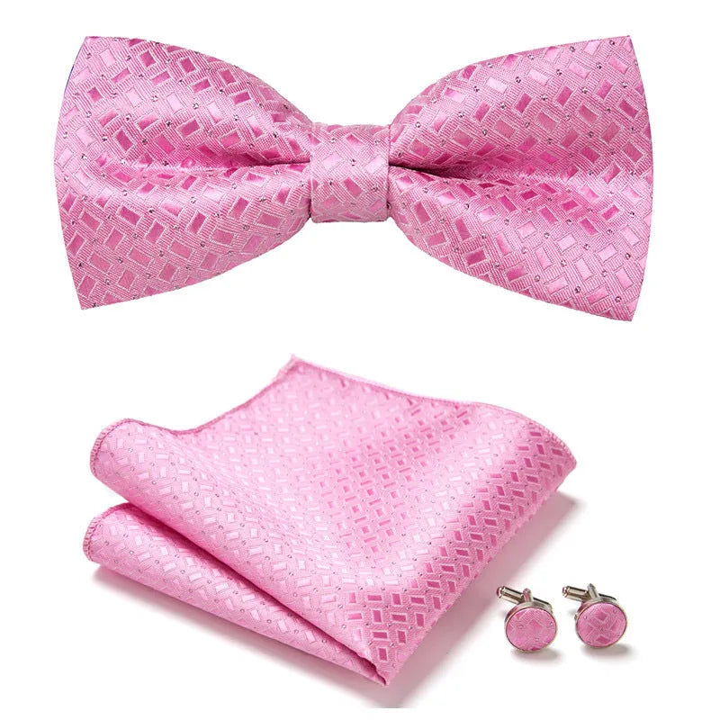 Floral Bow Tie Set of Three Pieces Polyester Yarn Hand-Sewn 12cm by 6cm Bow Tie with Matching Pocket Square 25x25cm and Cufflinks 1.5cm for Men's Formal Wedding and Party Accessories Multistyle Options