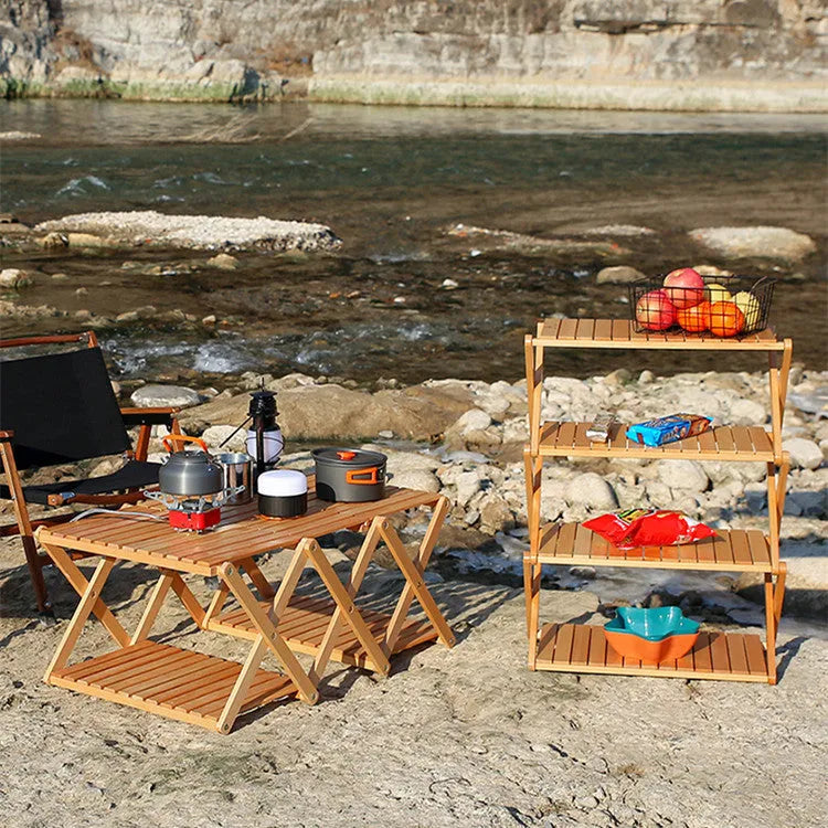 Solid wood folding camping table with storage bag for outdoor picnic barbecue beach use