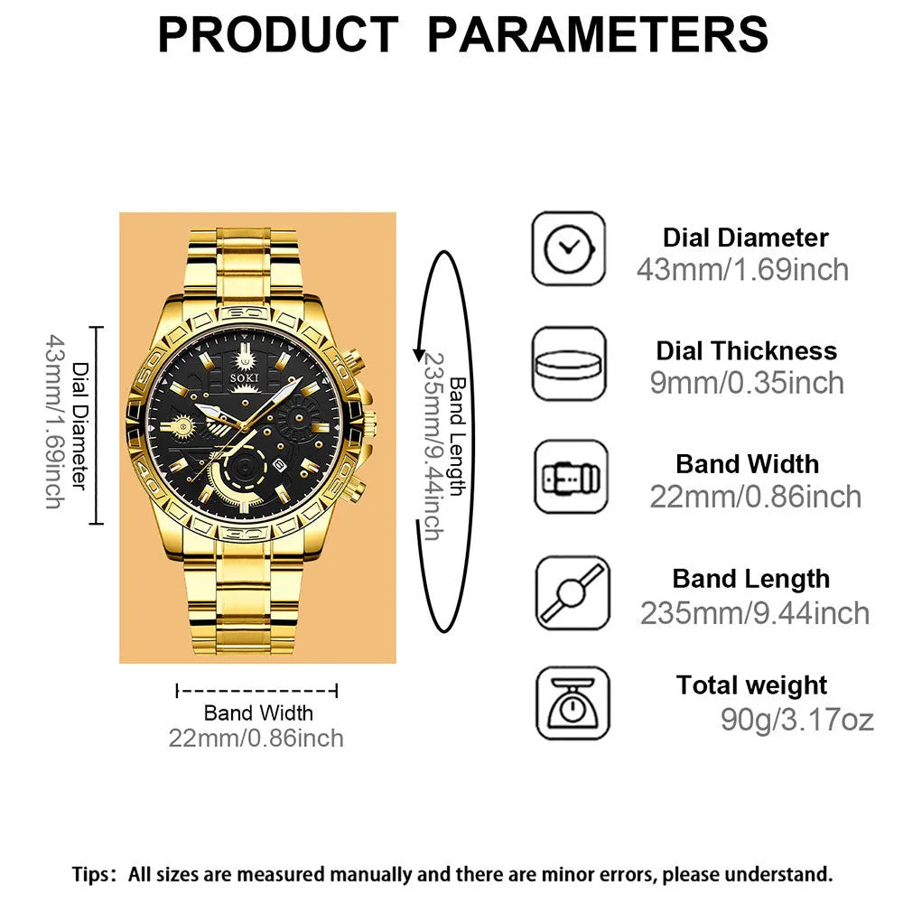Gold men's steel business calendar quartz watch with 10mm thickness and stainless steel bracelet