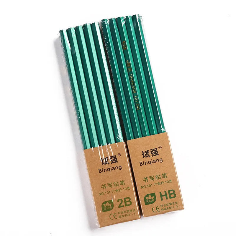 Green Rod box containing 10 hexagonal wooden pencils in HB and 2B grades for writing and sketching.