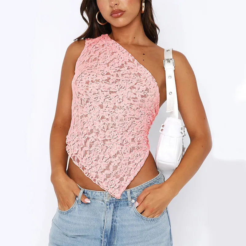 Women's apricot lace backless sleeveless vest top with asymmetrical neckline on a hanger.