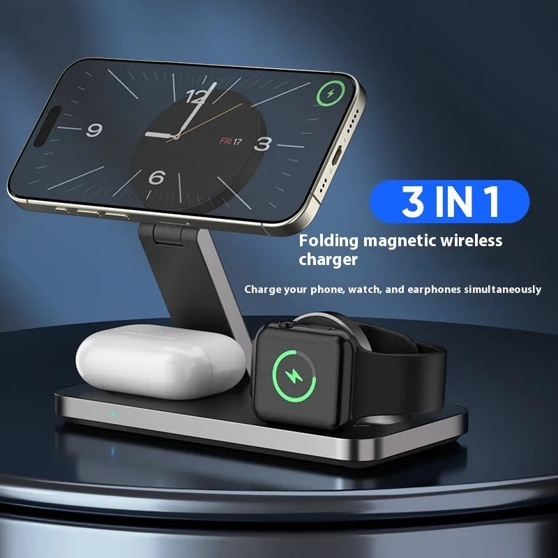 4-in-1 magnetic wireless charger in black or white metal or plastic, 150 x 75 x 29.6mm, with USB-C input and 15W phone output