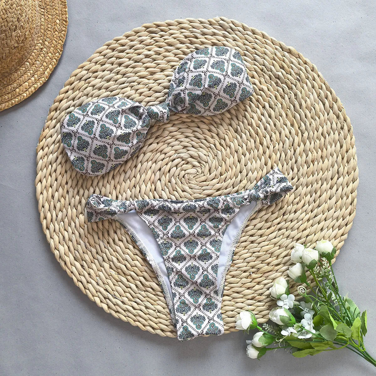 Gray push up split bikini set with black and white nylon fabric for women