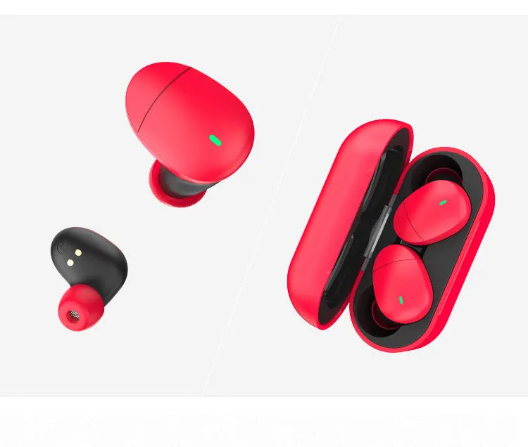 Flame red Qualcomm TWS 3040 true wireless Bluetooth earphones with charging cable.