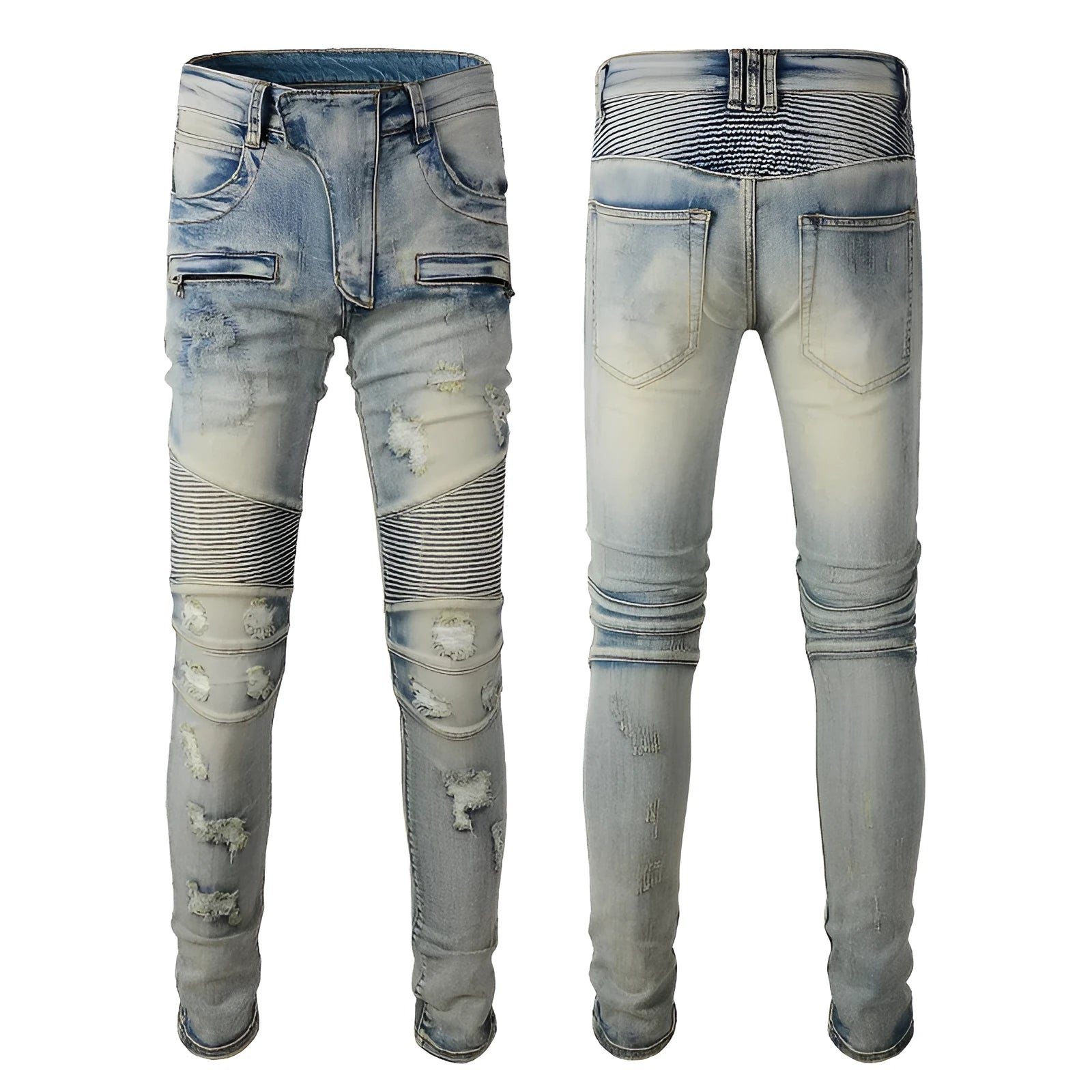Light blue men's slim fit jeans with hand-frayed distressing on the knees and thighs, featuring a zipper fly and mid-rise waist.