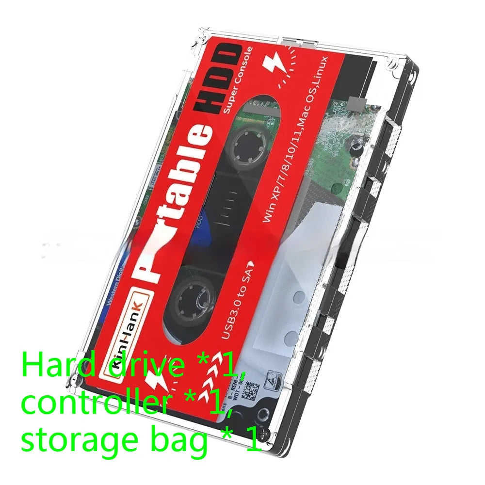 External mechanical hard disk for mobile gaming with USB cable and carrying case.