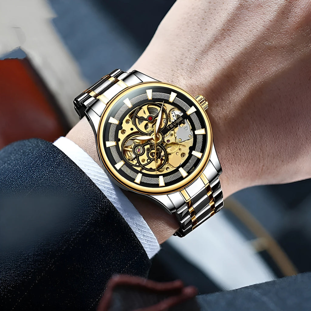 Men's luminous star mechanical watch with stainless steel strap and transparent case back, 16mm thick.