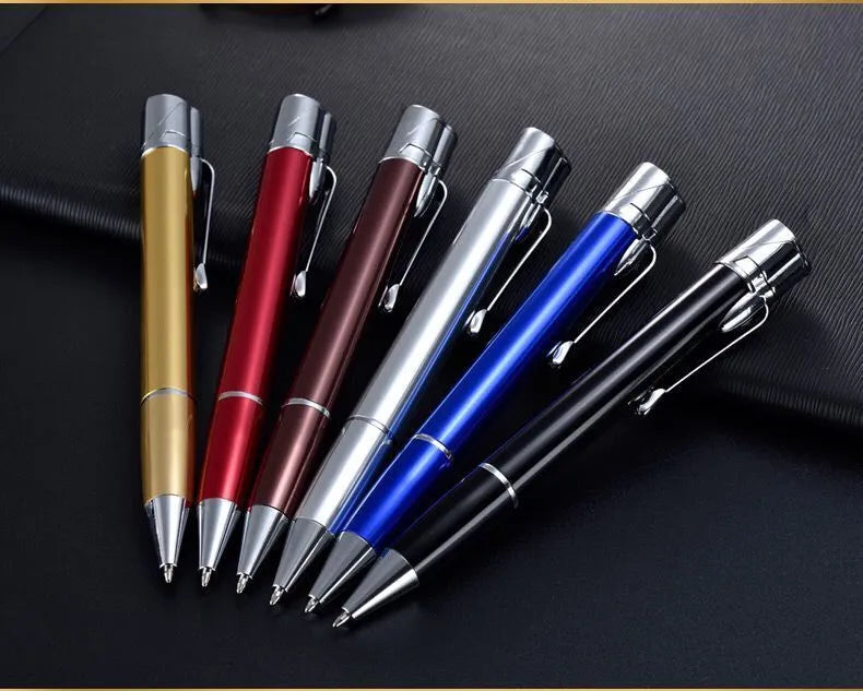 Slim metal pen lighter with windproof jet flame, keychain attachment, in choice of colours.