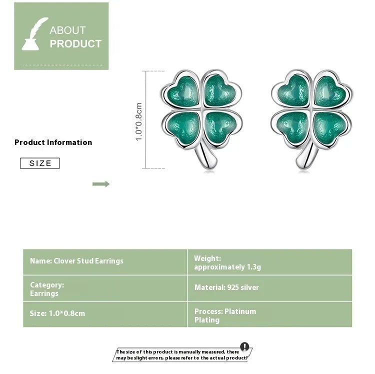White gold plated 925 silver four-leaf clover stud earrings with green dripping oil, 1.0 x 0.8cm