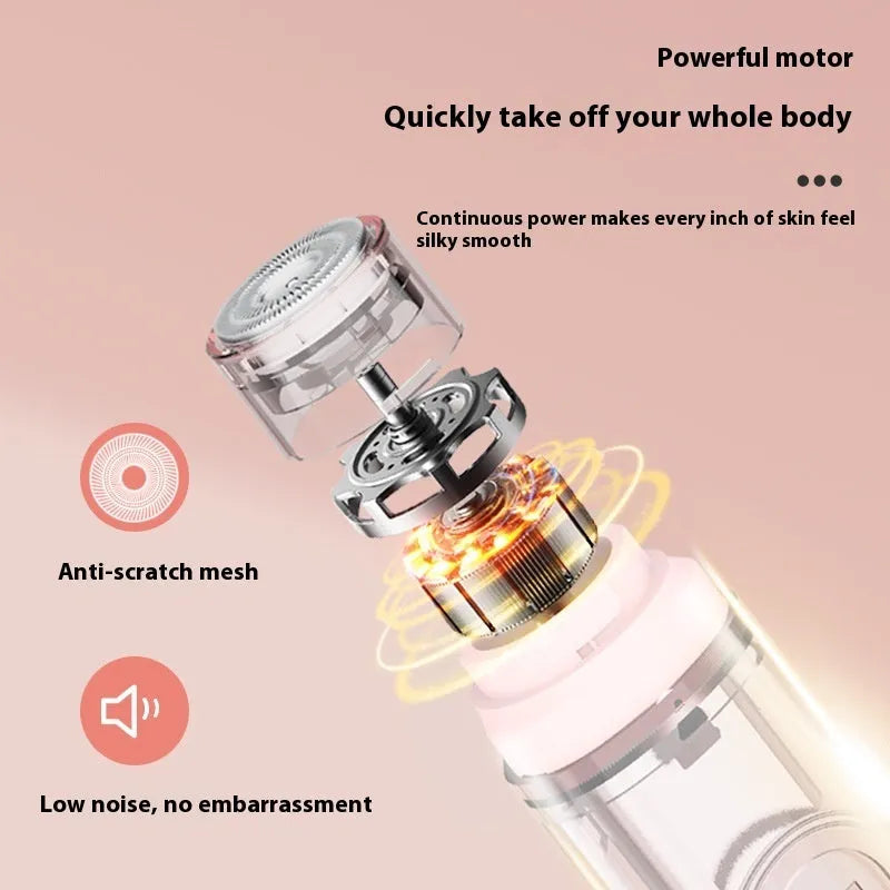 Pink and white portable electric body hair depilator with USB charging cable on a white background.