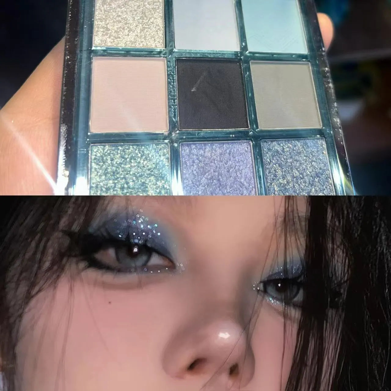 MUGELEEN nine-colour eye shadow palette showing blue smoked colours with matte and shimmer finishes