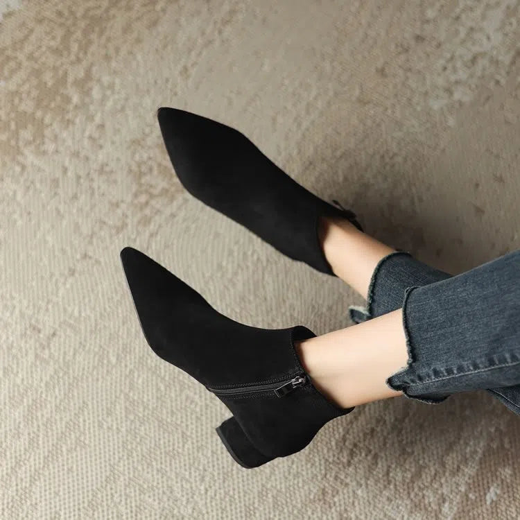 Women's matte suede chunky-heel ankle boots with pointed toe and side zipper in black with cotton lining