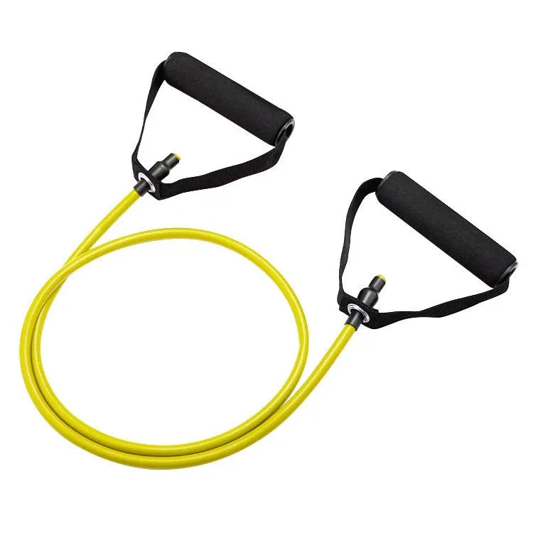 Colour-coded adjustable chest expander TPE fitness rope on yellow, green, red, blue, black backgrounds.