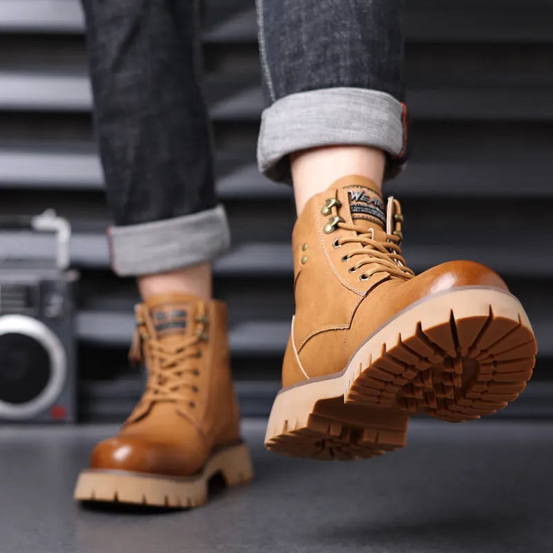 Men's brown leather high-top Martin boots with side zipper and velvet detail on shaft.