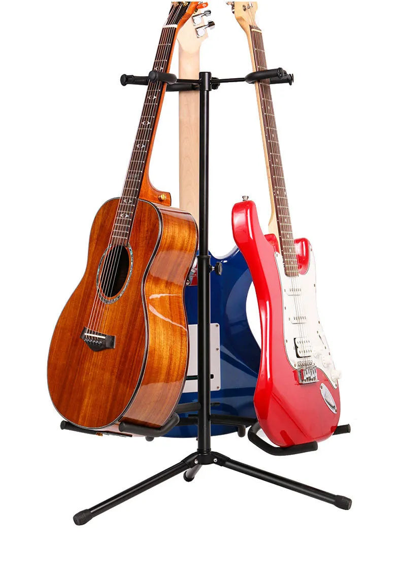 Black iron vertical double-headed adjustable guitar stand holding two guitars.