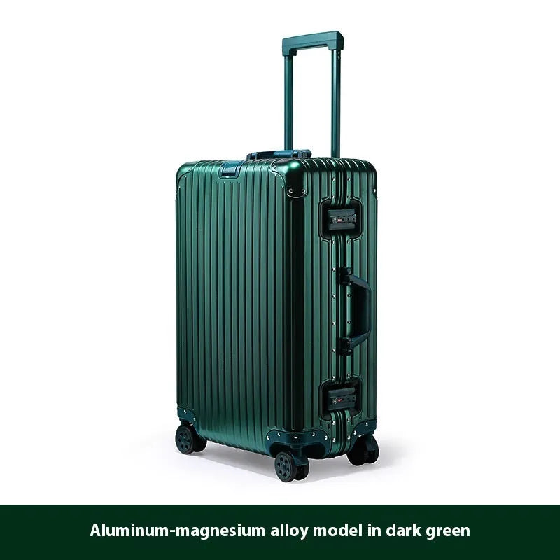 Alloy trolley case luggage in solid colour for business travel with metal construction and universal wheels