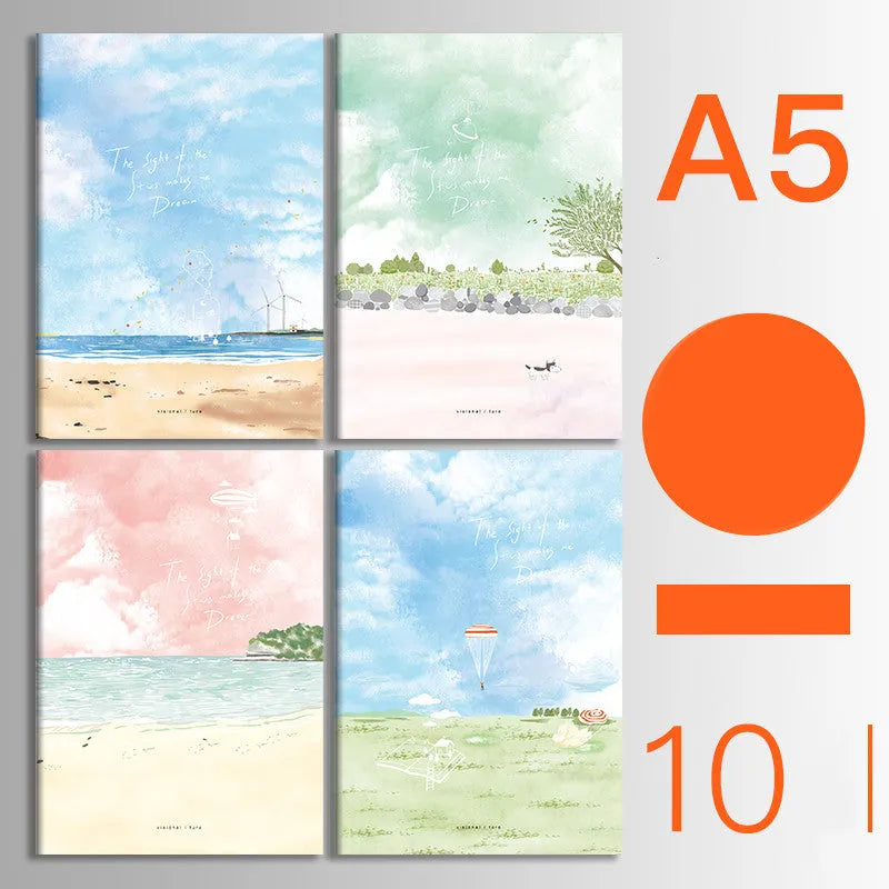 Pack of 10 A5 and B5 soft cover kraft paper notebooks with various designs, showing thread binding.