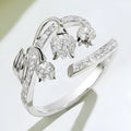 Adjustable white gold tone open ring with zircon rose, flower and lily design for women