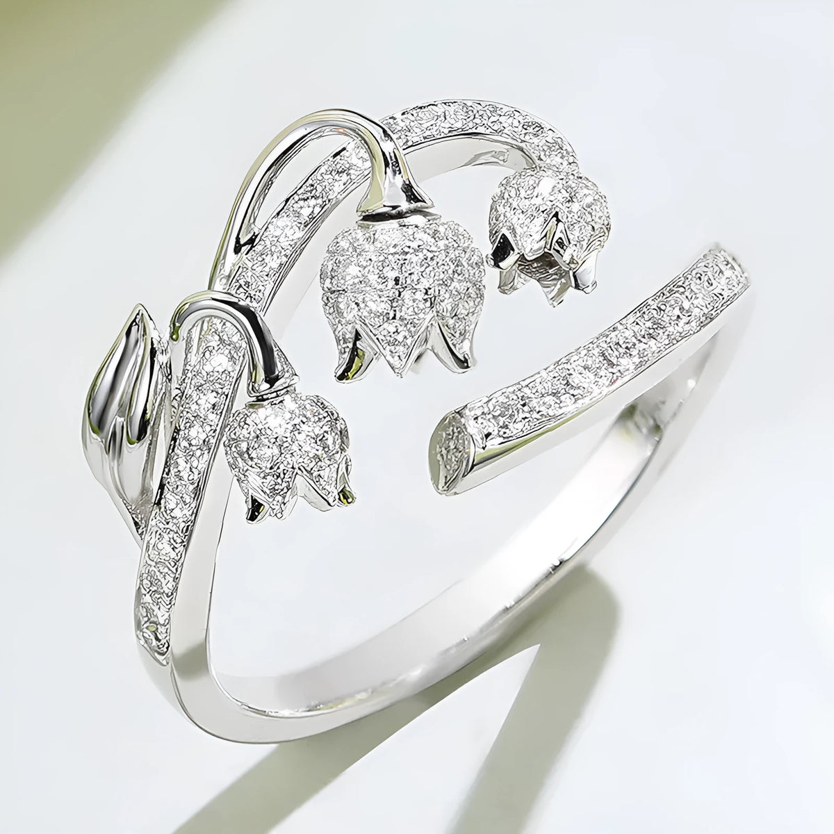 Adjustable white gold tone open ring with zircon rose, flower and lily design for women