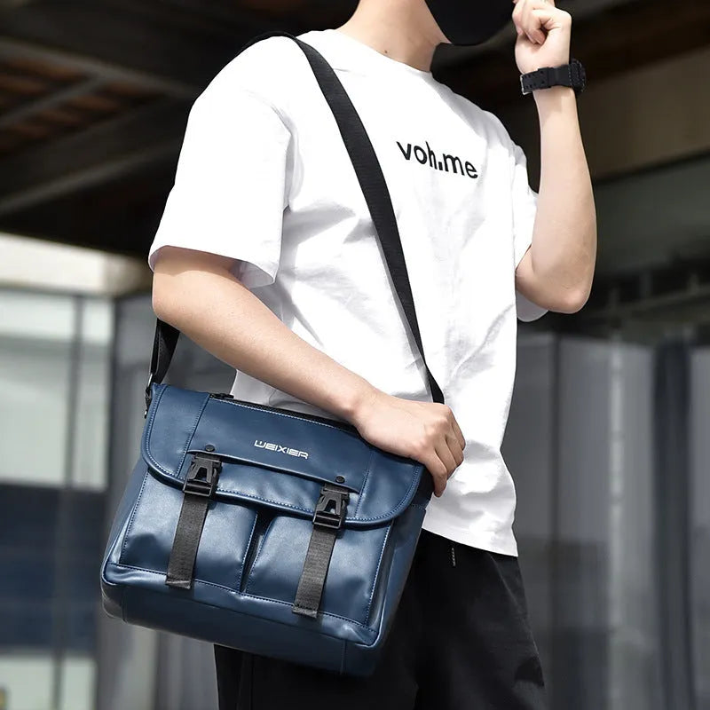 Men's black PU leather messenger bag with crossbody strap and large capacity for business travel