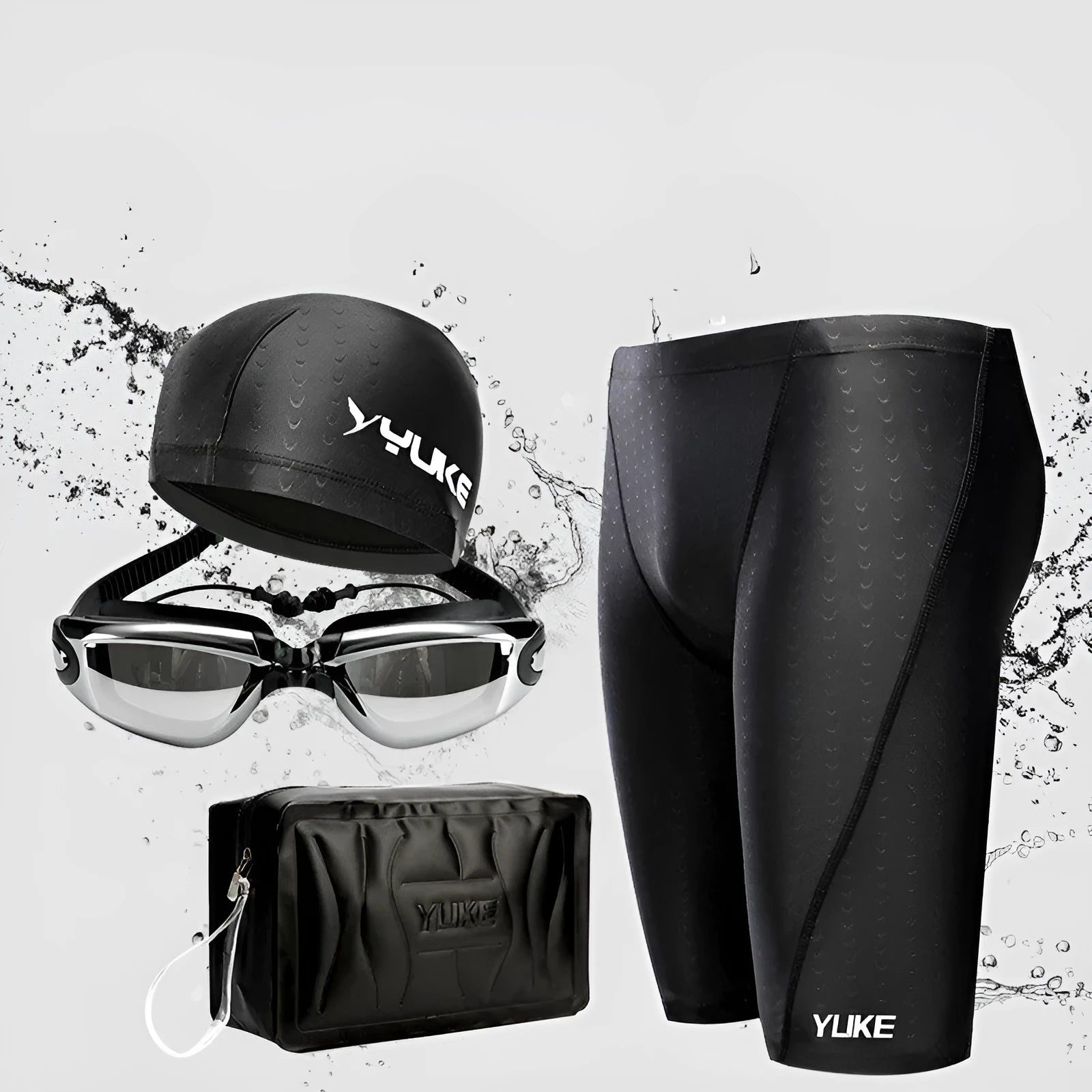 Men's black 5-piece waterproof swimming set including briefs trunks, anti-fog goggles, swimming cap, ear plugs with nose clip and carry bag