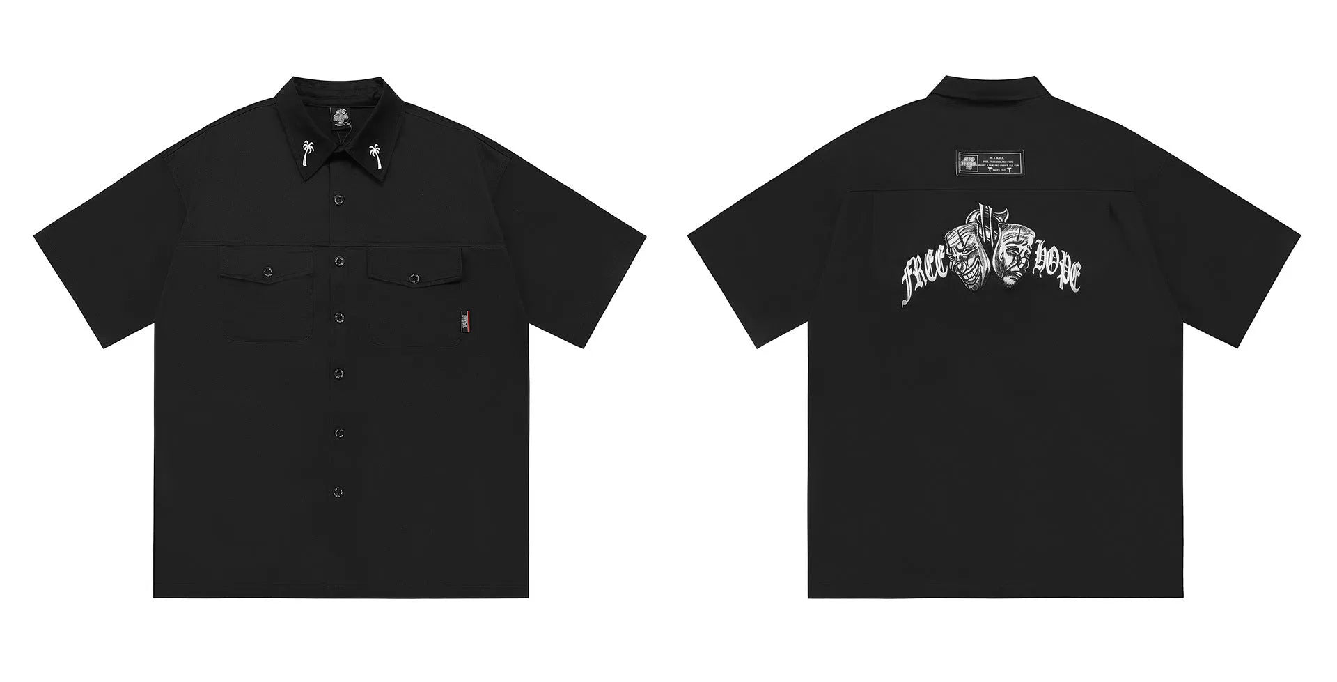 Man wearing a black loose-fit cotton blend embroidered pocket shirt with half-length sleeves.