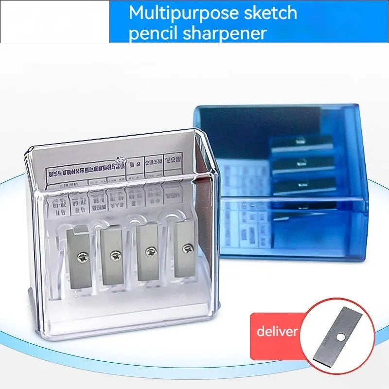 Geometric-shaped plastic pencil sharpener with four holes, four blades, and a screwdriver on a white background.