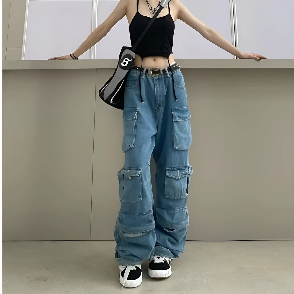 Women's high waist wide leg denim trousers with multiple pockets and tie-dye pattern in street hipster style