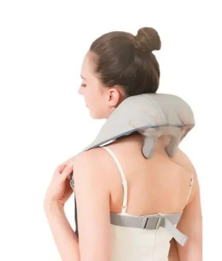 Milky white rechargeable shoulder and neck massager for cervical spine kneading with infrared physiotherapy.