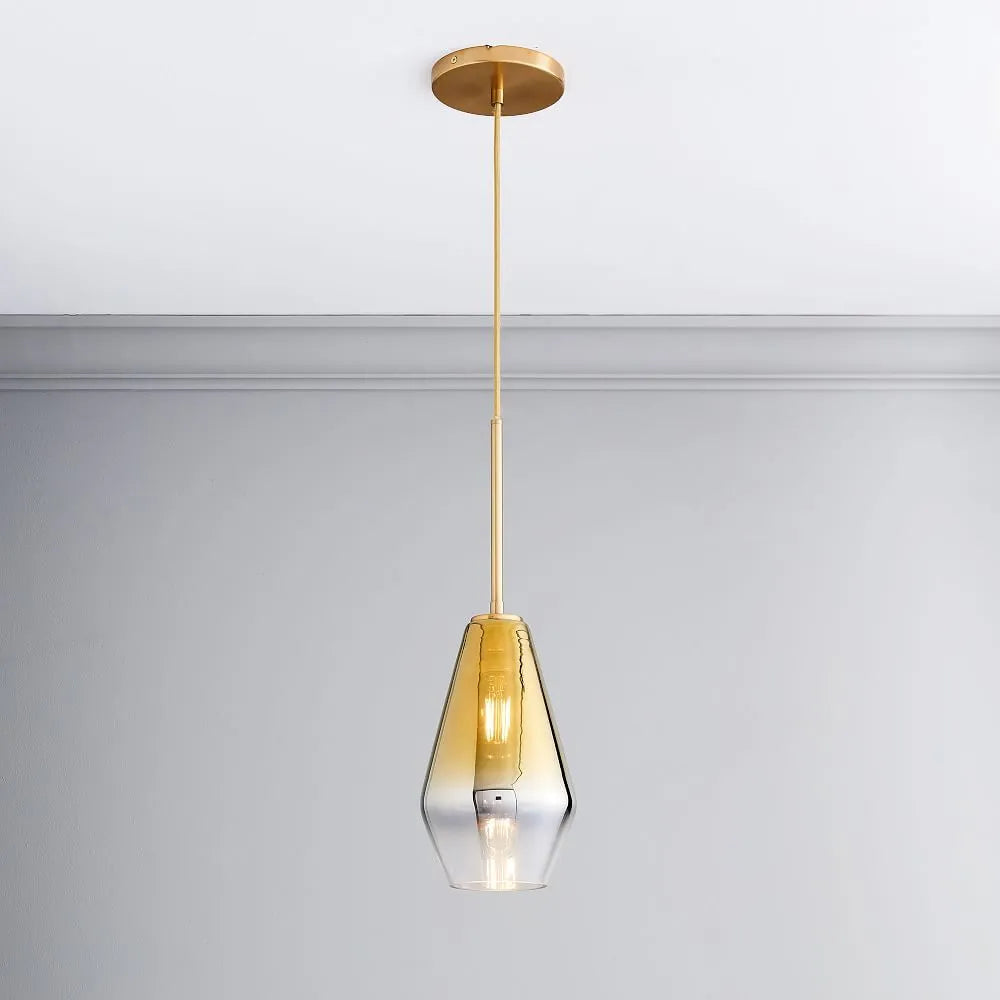 Nordic minimalist glass single head small chandelier in cognac with gold hardware iron frame