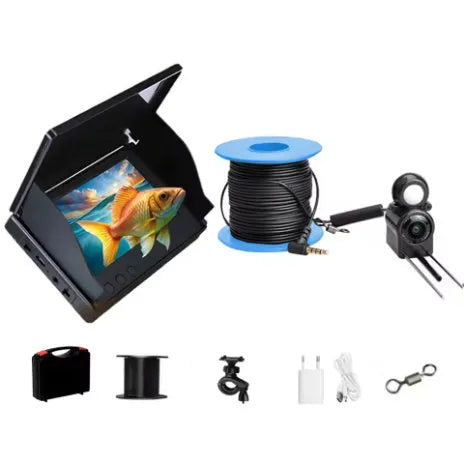Underwater fish finder camera with 4.3-inch screen showing HD footage of fish, with temperature display and night vision lights.