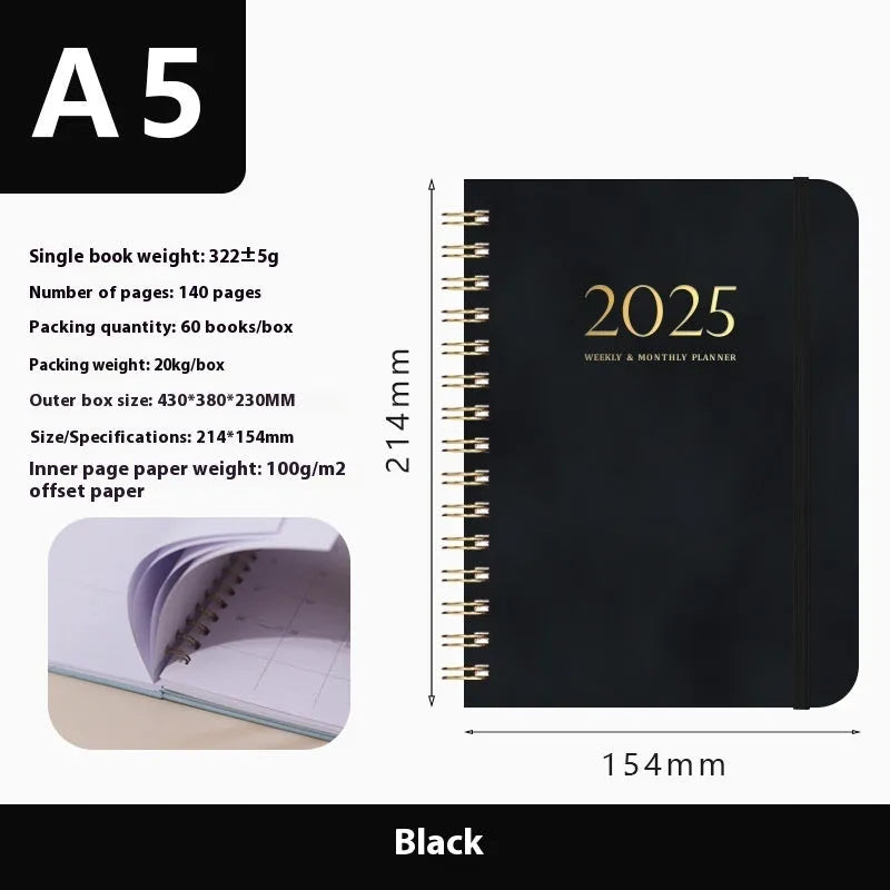 A5 leather notebook with metal coil binding in various colours including black, blue, and green.