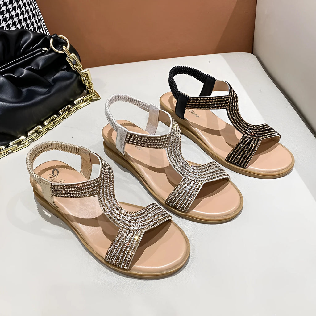Women's patent leather summer sandals with rhinestone detailing in gold, silver or black colours