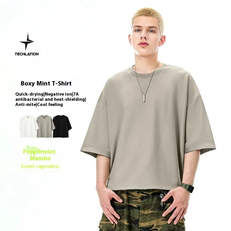 Men's sand grey loose fit short sleeve T-shirt with cotton-polyester quick-dry fabric