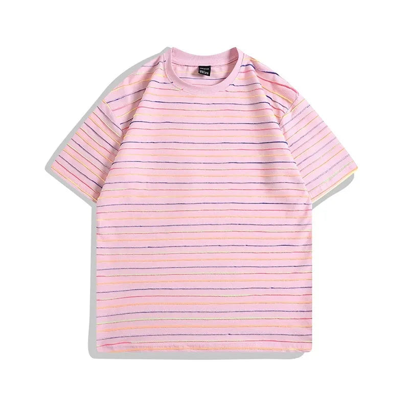 Colour striped loose fit half sleeve t-shirt on a hanger, showing apricot, black, yellow, grey, and pink colour options.