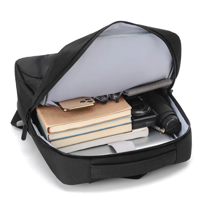 Men's black waterproof Oxford cloth business backpack with curved straps and 20-35L capacity.