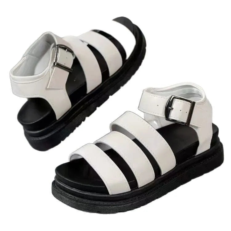 Black outdoor beach sandals with thick rubber sole and fish mouth toe holder design