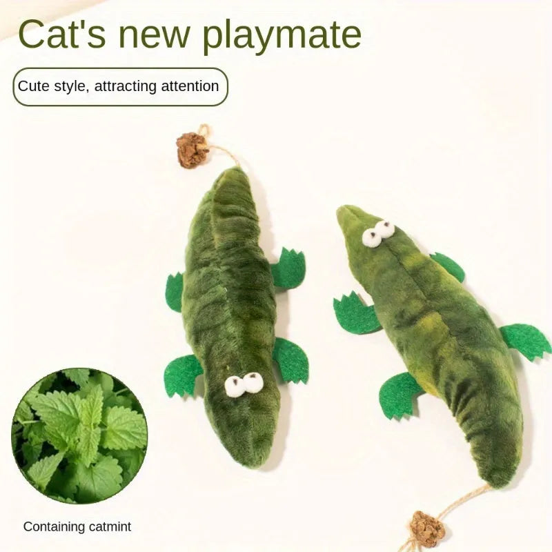 Green plush alligator cat toy measuring 30cm long with catnip pouch and peppermint scent