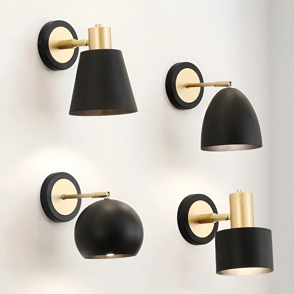 Black iron Nordic-style wall lamp mounted beside a bed with four different shade design options.