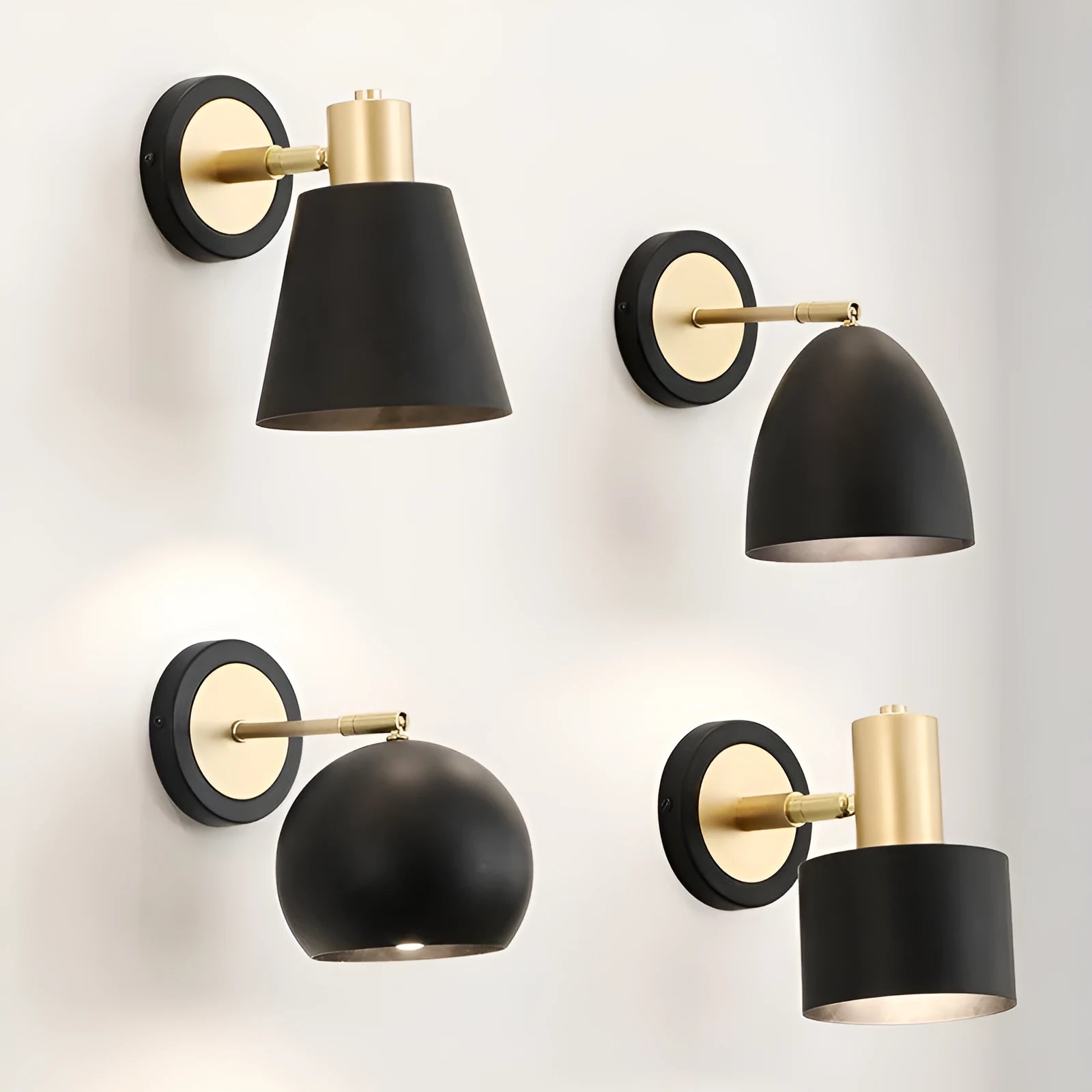 Black iron Nordic-style wall lamp mounted beside a bed with four different shade design options.