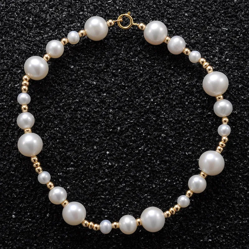 14K gold-plated natural pearl shell separated bead patchwork bracelet necklace unisex hip-hop style on display