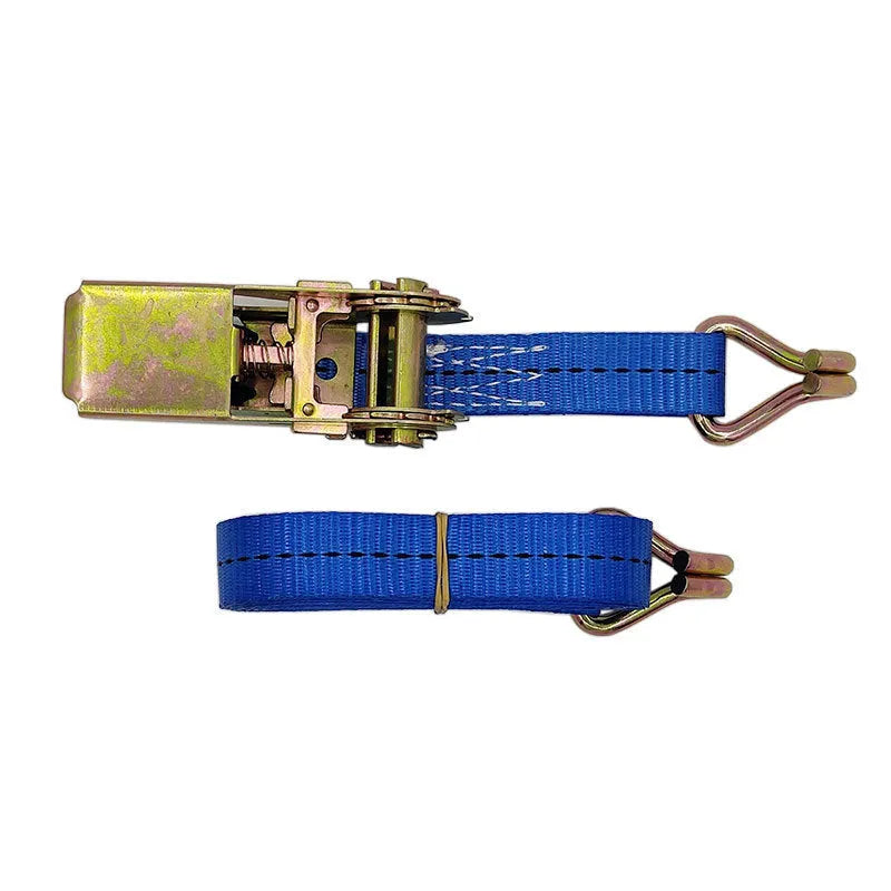 Steel ratchet tensioner fastening strap with double triangular hooks and polyester webbing