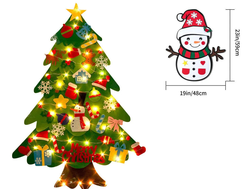Children's DIY felt Christmas tree with lights green 98cm wall-mounted with snowman decoration